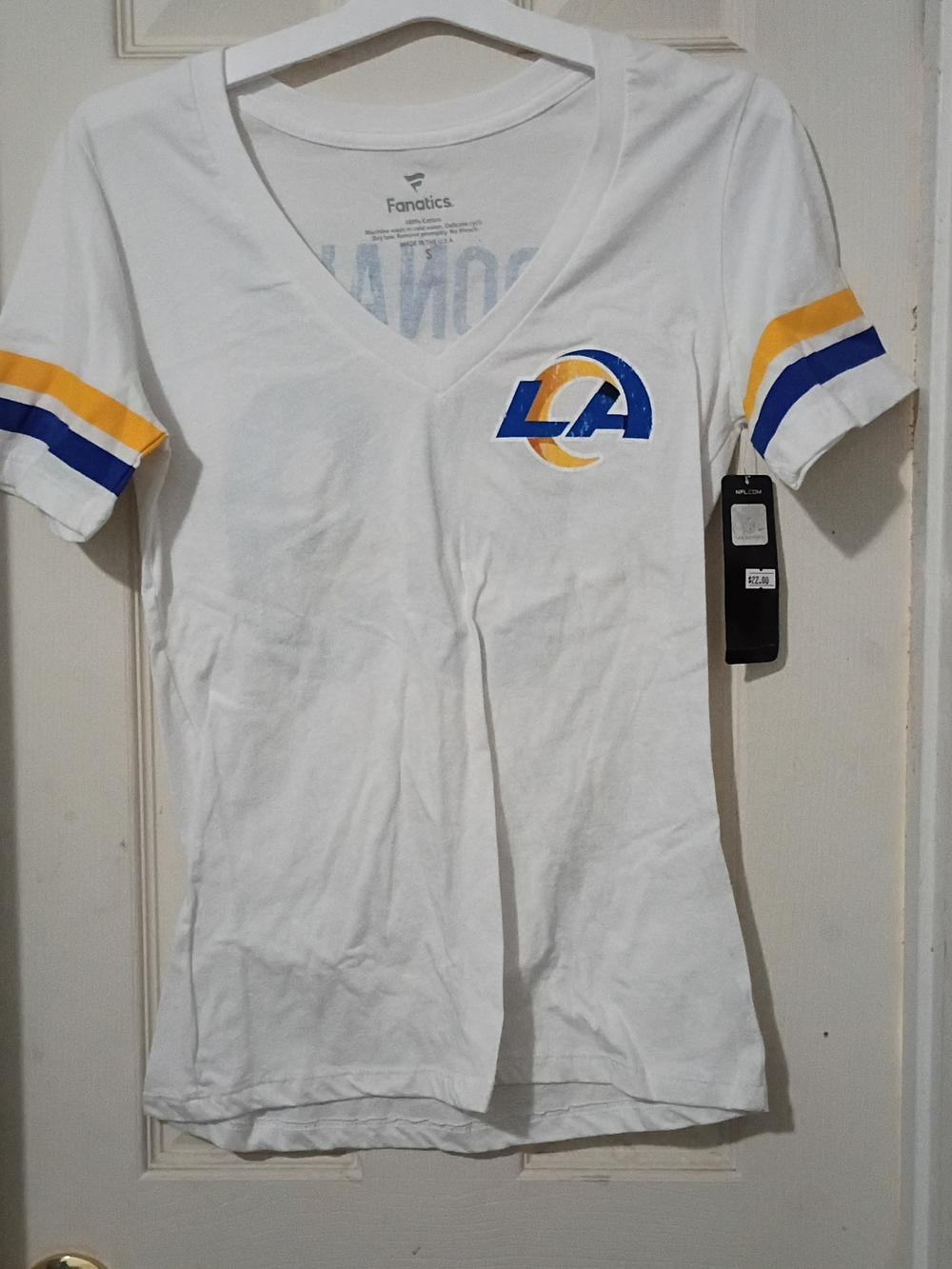 Fanatics White V-Neck Tee with Blue & Gold LA Crest